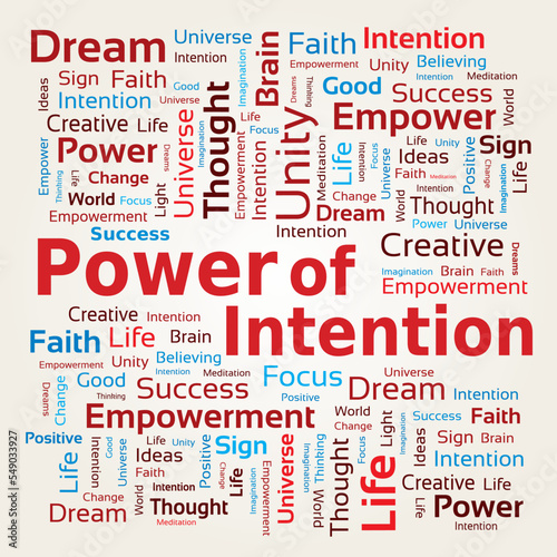 Nuage de mots Tag - Puissance de l'intention Lettres couleurs rouge et bleu sur fond beige