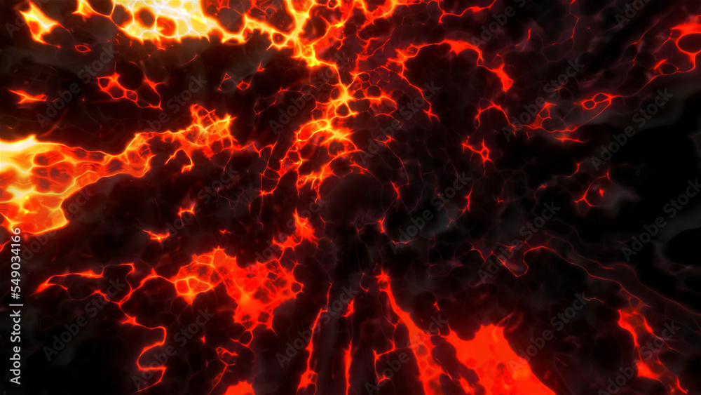Tunnel through a volcano or the middle of the Earth. Motion. Flying through red lava texture, hell background.