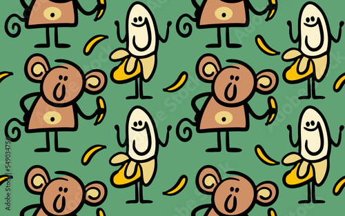 Photography Seamless pattern with funny monkey and exotic fruits bananas.