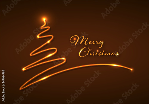 Christmas card with golden neon christmas tree