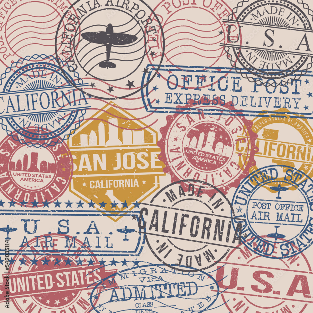 San Jose, CA, USA Set of Stamps. Travel Stamp. Made In Product. Design Seals Old Style Insignia.