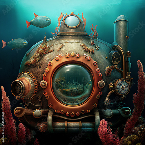 Obraz na plátně Steampunk fantasy among corals:  adventure and exploration of the sea bed with a