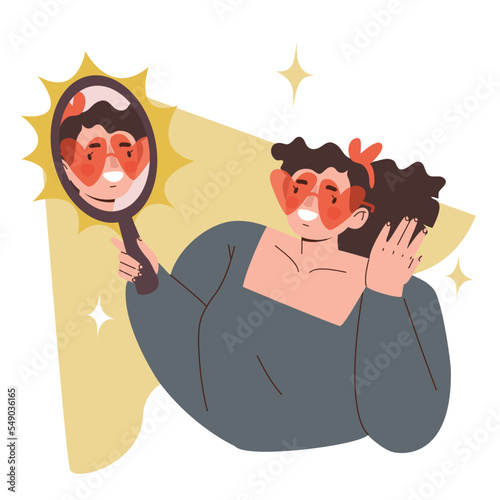 Happy young woman in heart-shaped glasses looking at the mirror and smiling. Self love, self acceptance concept. Hand drawn vector cartoon style illustration