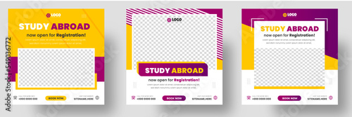 Study abroad social media post banner design. higher education social media post banner design set. school admission promotion banner. school admission template for social media ad.