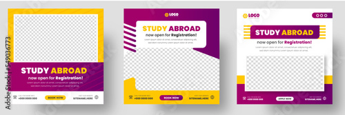 Study abroad social media post banner design. higher education social media post banner design set. school admission promotion banner. school admission template for social media ad.