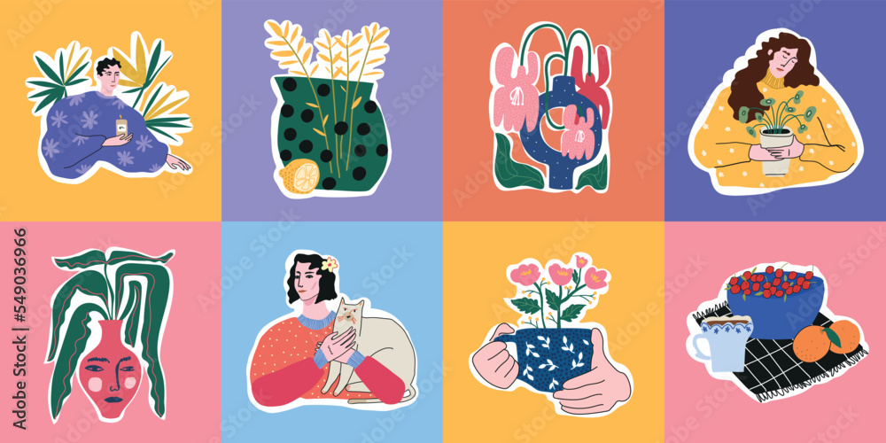 Fototapeta premium Aesthetic collection of hand drawn vector illustrations. Woman silhouettes, leaves, botanicals for brand identity, logo design