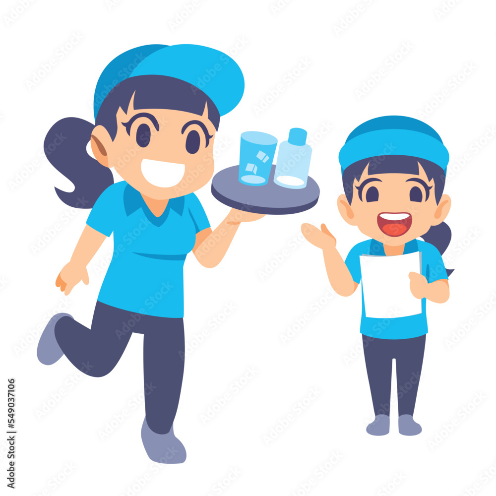 female staff serve soft drink and introduce some information in cartoon vector style. female staff serve soft drink and introduce some information in cartoon vector style.