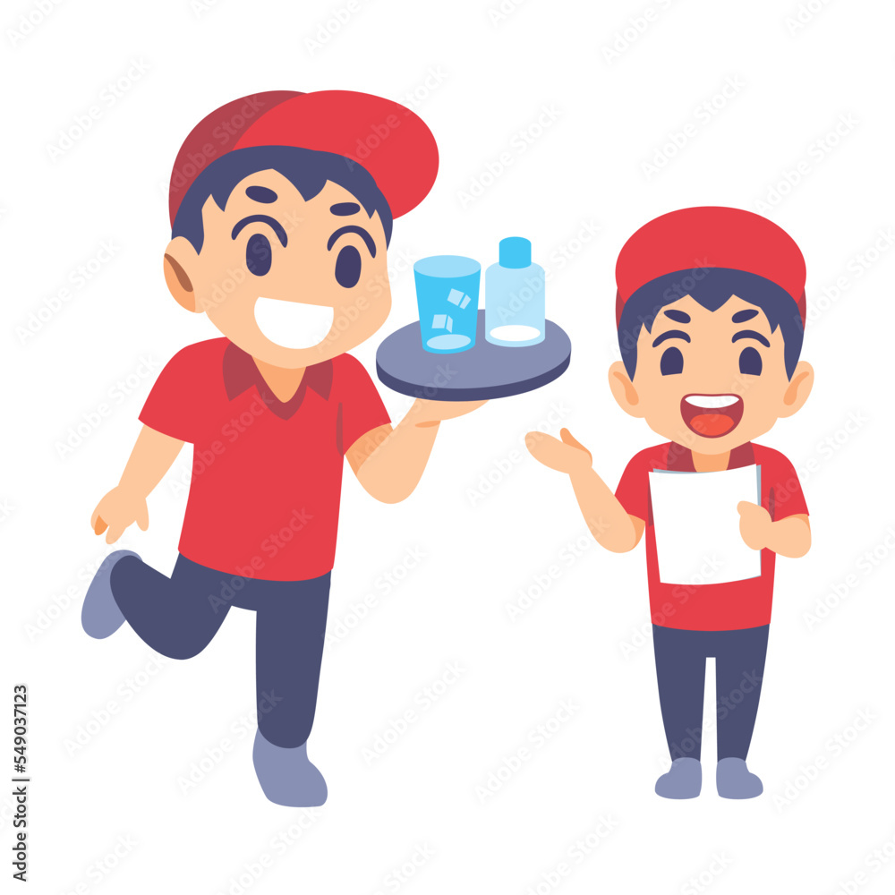 staff serve soft drink and Introduce some information in cartoon vector style. staff serve soft drink and Introduce some information in cartoon vector style.
