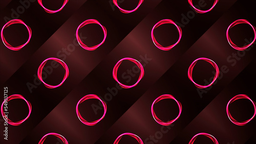 Red and black background . Motion.The shining lasers are in the form of circles and they draw patterns in abstraction.