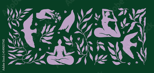 Yoga poses and floral illustrations. Hand drawn collection of botanicals and woman doing yoga. 