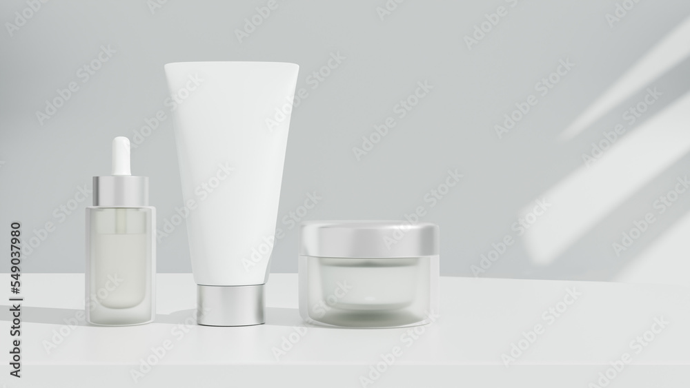 Jar, bottle and empty white plastic tubes for cosmetics on a white background. packaging for cream, gel, serum, advertising, 3d rendering Jar, bottle and empty white plastic tubes for cosmetics on a white background. packaging for cream, gel, serum, advertising, 3d rendering