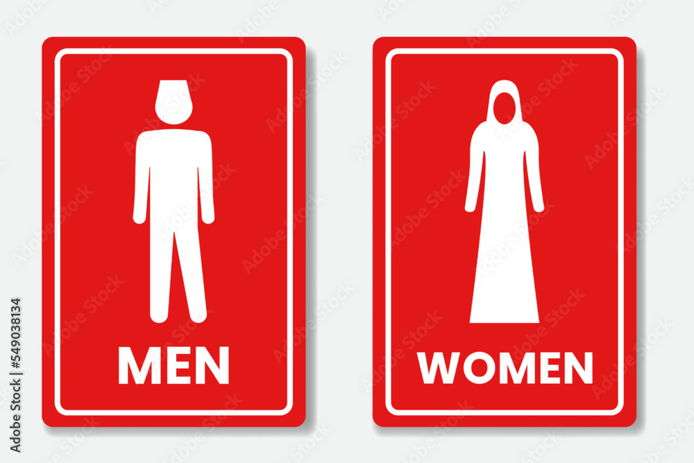 Set toilet signs with Muslim women and men icons red base color and text inscription
