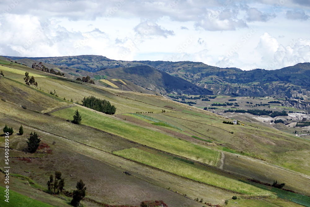 Patchwork of farm fields on the slope of a mountain near Latacunga, Ecuador