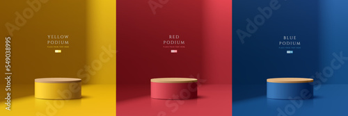 Set of abstract 3D rooms with yellow, blue, red, wooden realistic cylinder podium. Minimal wall scene with light and shadow background. Stage showcase, Mockup product display. Vector geometric forms.