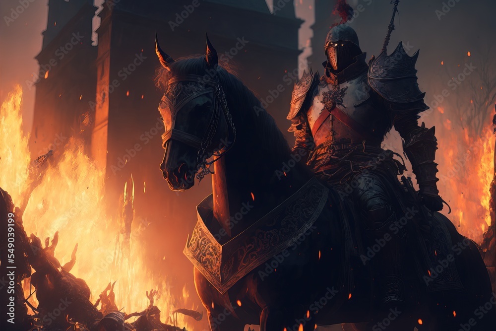 Naklejka premium A black flaming chaos knight. Riding horse. Flame. Medieval times. fantasy scenery. concept art.