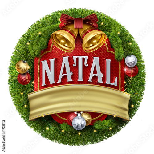 Selo 3d feliz natal com faixa, bola, sino, guirlanda e decoração de natal em fundo vermelho para composição	