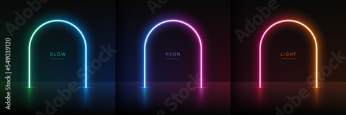 Set of blue green, red purple and orange yellow illuminate neon lighting lines background in arch shape. Abstract glowing lighting in futuristic style. Stand show product display. Vector stage podium.