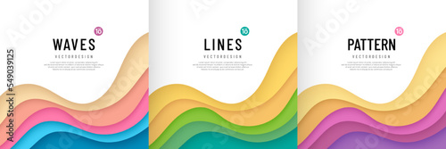 Set of colorful curve wave stripes pattern on white background with copy space. Lines layers texture in pastel trendy color. Simple and minimal flat banner design. Papercut style. Vector EPS10.