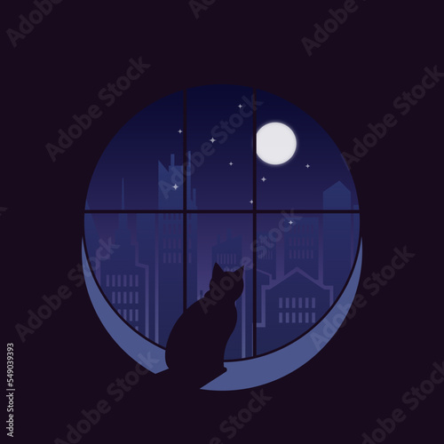 Creative concept vector illustration cat is sitting on the windowsill next to window watching the sunlight sunshine dusk dawn.