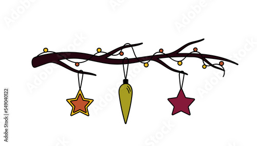 Doodle branch with Christmas toys and a garland. Hand drawn cozy holiday vector illustration. Christmas balls stars