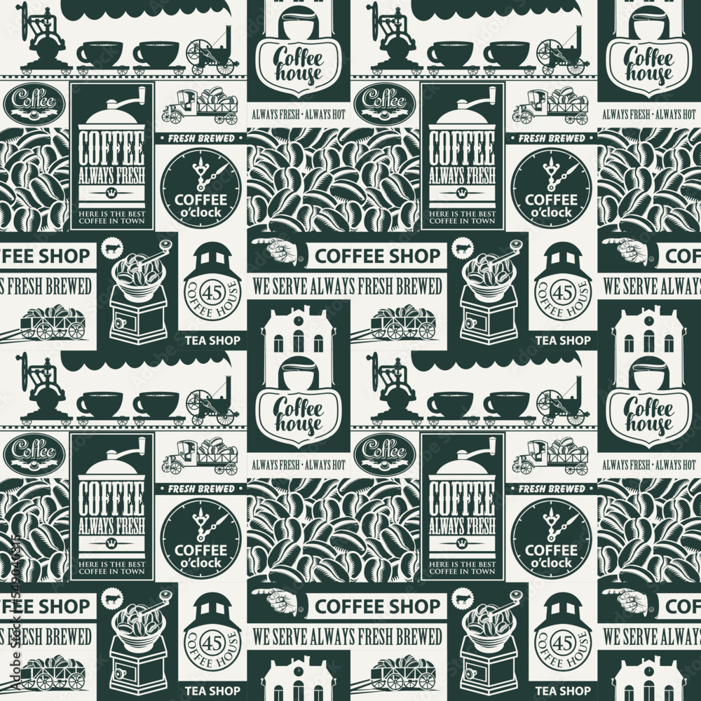 Vector seamless pattern on coffee and coffee house theme with inscriptions and illustrations in retro style. Can be used as wallpaper, wrapping paper or fabric and label