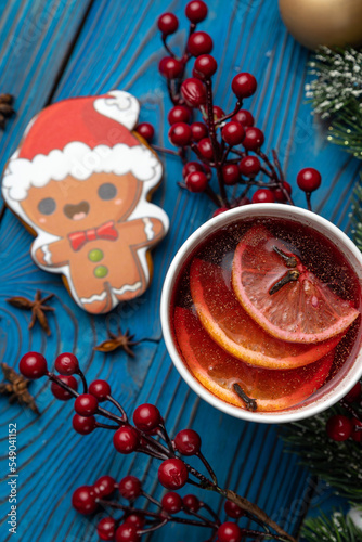 New Year's mulled wine with decor. Merry Christmas