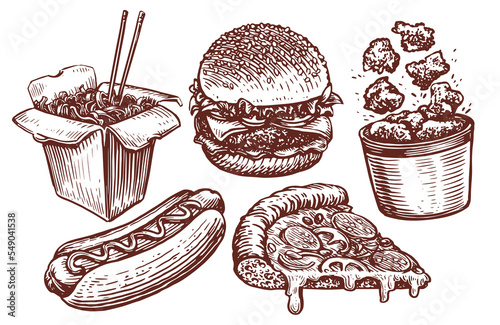 FAST FOOD concept vector. Burger, sandwich, nuggets, pizza, wok noodles, hot dog sketches. Restaurant or diner menu set