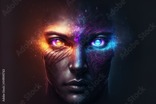 Ai Concept Background. Abstract Artificial Human Head With Eyes Light. Digital Future Vision Illustration.