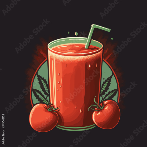 Red tomato Fresh juice glass with whole sliced tomato.