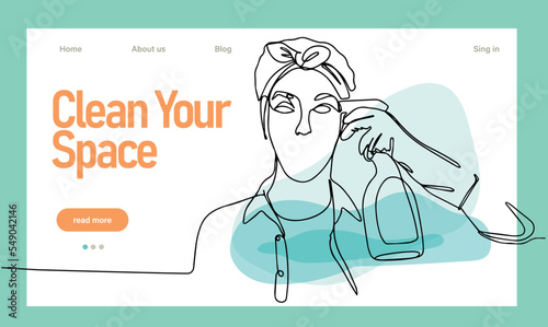 Home cleaning service landing page design concept, illustration of janitors with cleaning tools. Vector illustration