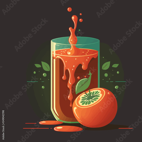 Red tomato Fresh juice glass with whole sliced tomato.