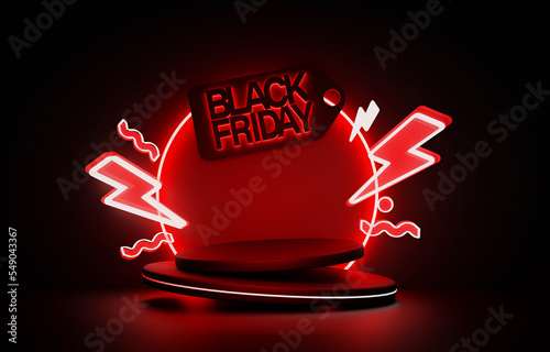 Black friday sale podium with neon Lettering 3D realistic on black background