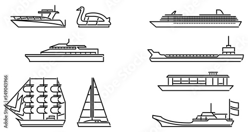 Foto type of water transportation vehicles vector line art icons, web design elements