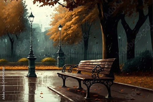 City Park With Bench At Rainy Autumn Bad Weather