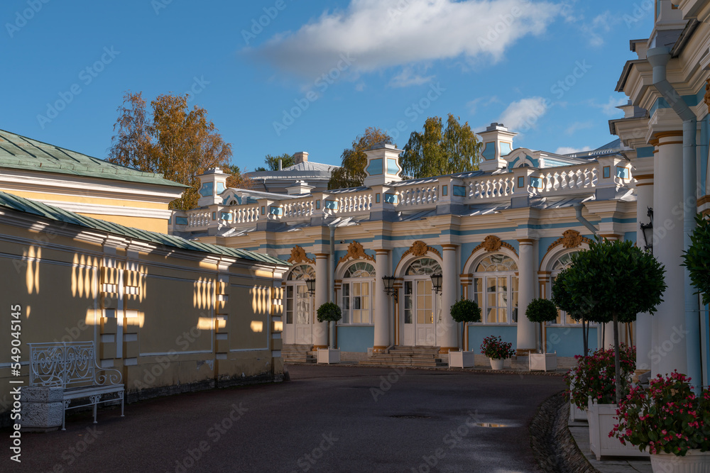 View of the one-story building of the circumference of the Catherine Palace of Tsarskoye Selo on a sunny day, Pushkin, St. Petersburg, Russia