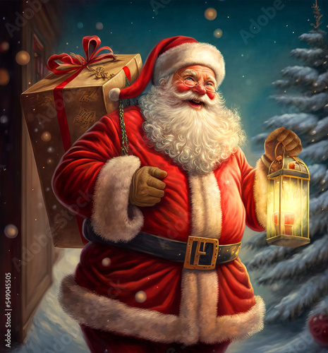 Santa Claus with gifts and a lantern on the background of the Christmas tree. Christmas and New Year.