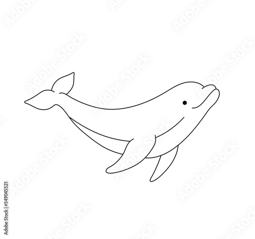 Vector isolated one swimming floating little smiling dolphin colorless black and white contour line drawing	
