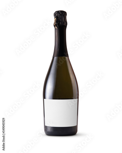 Prosecco bottle with blank label on white background. Easily apply your custom design on the label. photo