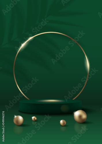 Green Podium with Golden Ring Frame and Pearls on Green Background with Blurred Palm Leaves. Vertical Banner. Vector Illustration.