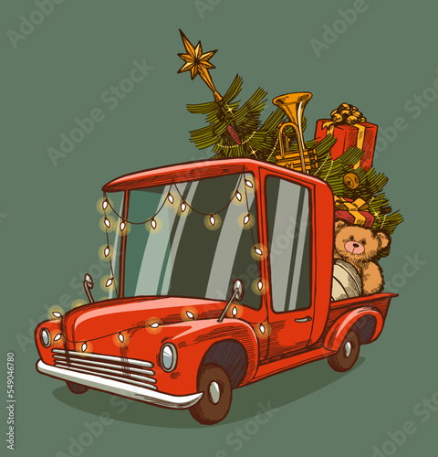 Christmas Truck. Red vintage truck full of Christmas presents and decorated with garlands.