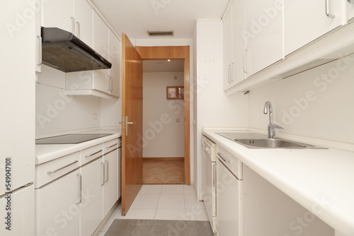 Kitchen with white furniture with drawers  floors  walls and ceilings of the same color and pear-colored wooden access door