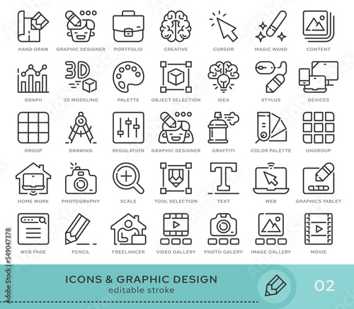 Set of conceptual icons. Vector icons in flat linear style for web sites, applications and other graphic resources. Set from the series - Graphic Design. Editable stroke icon.