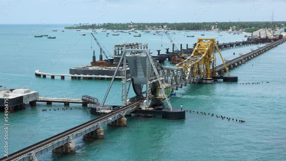 Pamban Bridge Indian railway cantilever sea bridge in Rameswaram Tamil Nadu India. Pamban Bridge Indian railway cantilever sea bridge in Rameswaram Tamil Nadu India.