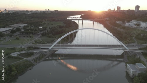 Aerial drone view of Walterdale Bridge in Edmonton during the sunrise photo