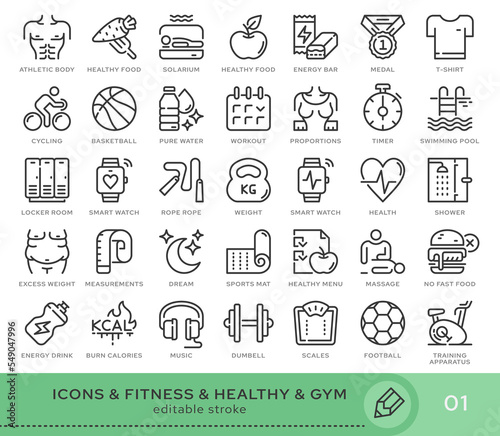  Set of conceptual icons. Vector icons in flat linear style for web sites, applications and other graphic resources. Set from the series - Fitness. Editable stroke icon.