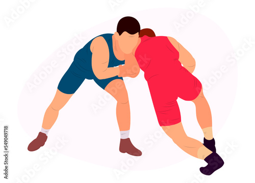 Vector athletes wrestlers in the fight, duel, fight. Figures of strong men. Greco Roman, freestyle, classical wrestling.