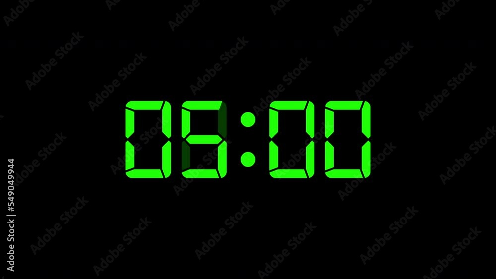 05:00 - Digital clock timer animation .green digital text animation on black background. 05:00 - Digital clock timer animation .green digital text animation on black background.