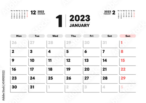 2023年1月のカレンダー - 月曜始まりの月めくりカレンダー - 3ヶ月分･祝日表記なし･A版比率
