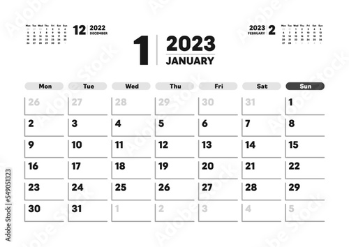 2023年1月のカレンダー - 月曜始まりの月めくりカレンダー - 3ヶ月分･祝日表記なし･A版比率
