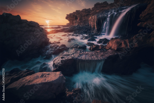 Panorama of the bay at sunset with stone and water on the beach in twilight surrounded with rock mountains 